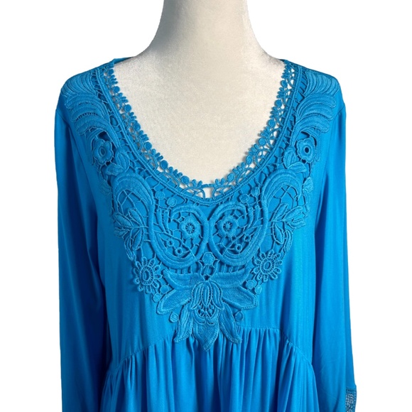 Gypsy Boho Tunic Top | Lace Crochet Detail | Blue Medium - Picture 3 of 9